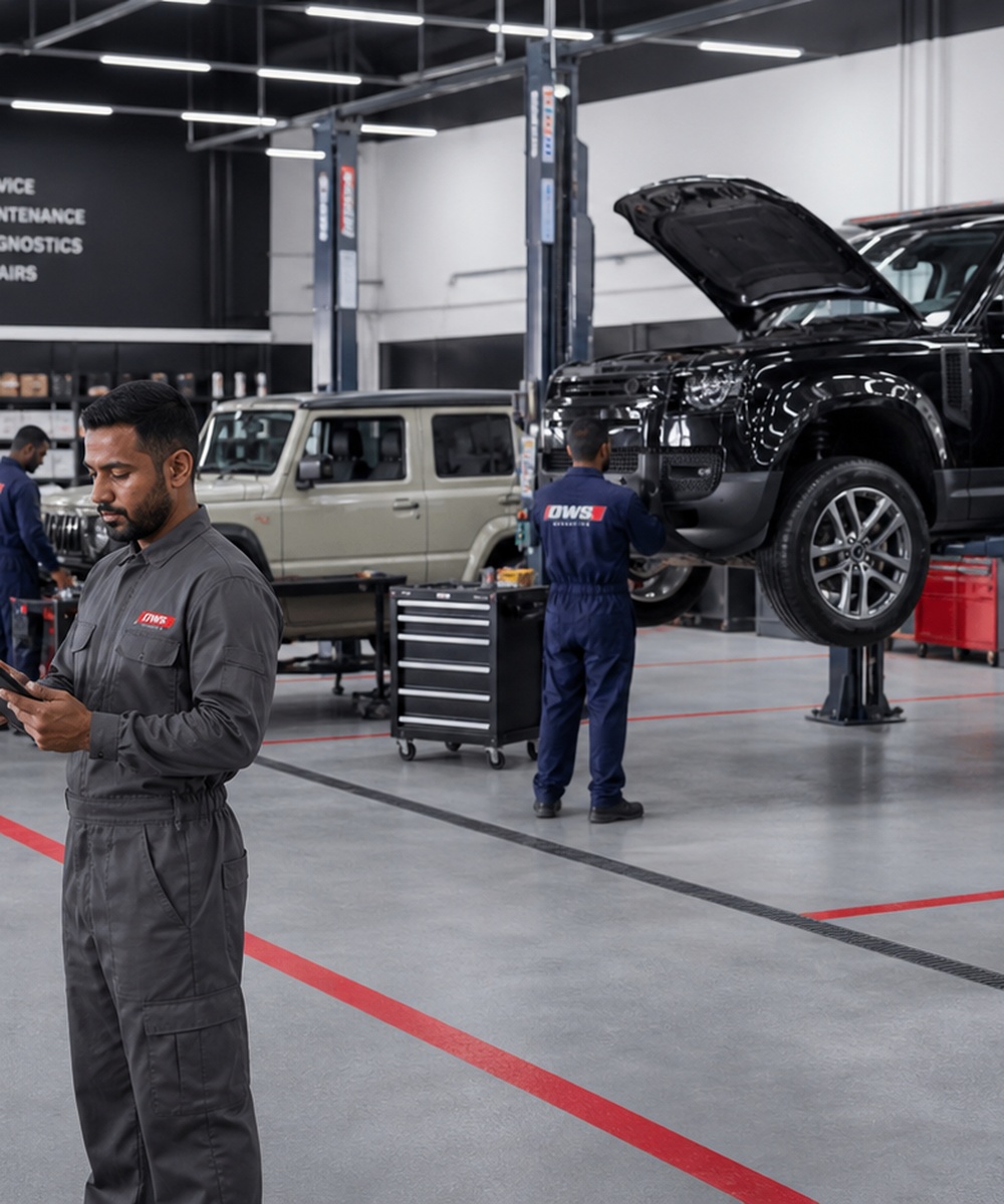 OWS technicians and lifted vehicles inside the workshop
